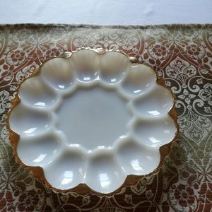 Vintage Milk Glass Gold Trim Egg Tray